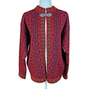 Vintage Dale of Norway Wool Cardigan Size XL Red Black Nordic Silver-tone Clasp